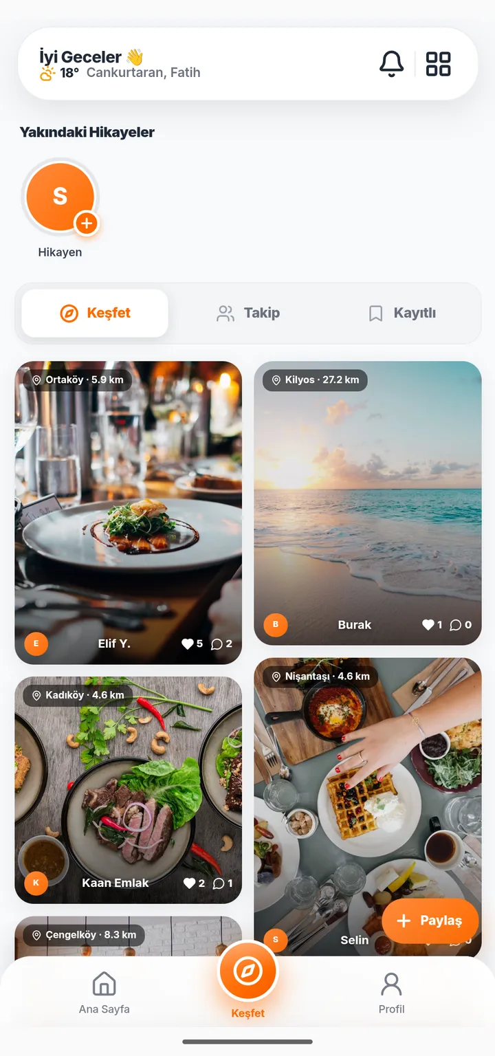 Keşfet akışı: yakındaki mekânlardan paylaşımlar